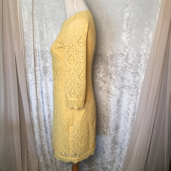 London Times Yellow Lace Dress lined three quarter sleeves Size 4 - Picture 3 of 11